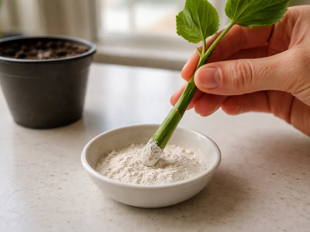 Close-up of a hibiscus cutting stem being dipped into powdered rooting hormone.