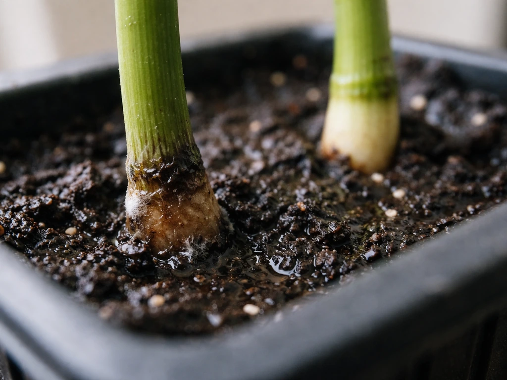 Close-up of a plant cutting base rotting in overly wet propagation medium, with a nearby healthy base out of focus.