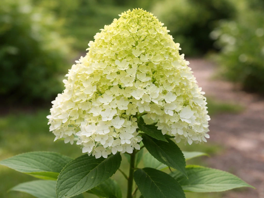 Compact Little Lime hydrangea in bloom with lime-green to creamy-white panicles in a simple garden setting.