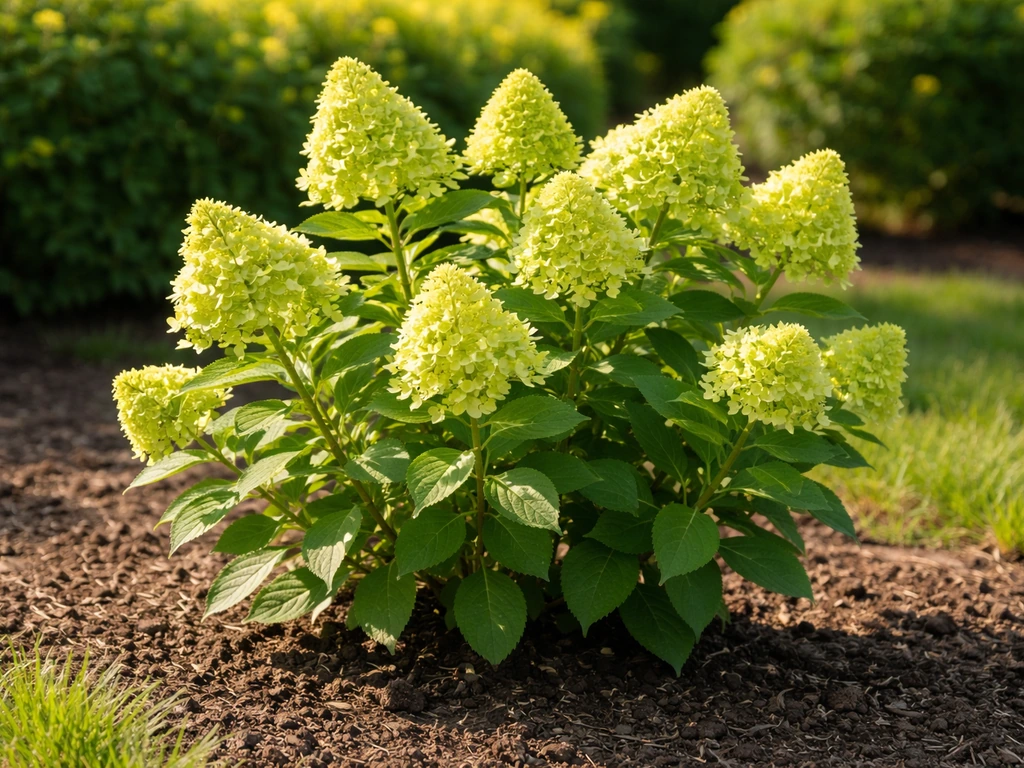 Little Lime hydrangea in strong morning sun, lime-green panicles and leaves glowing in direct light.