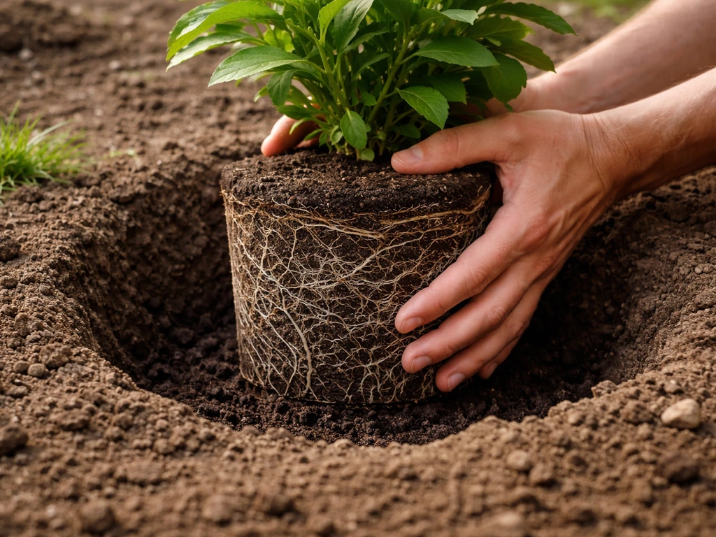 Root ball placed at correct depth in a freshly dug hole with soil level matching the container.