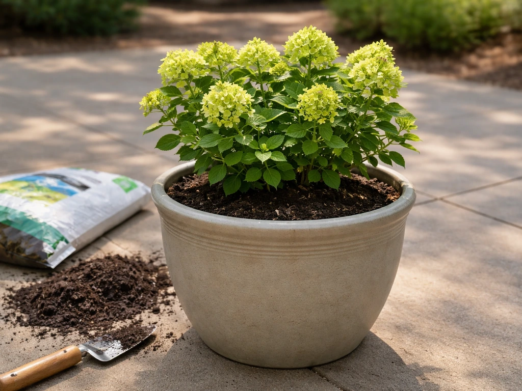 Freshly planted hydrangea in a large pot with potting mix on a patio, minimal outdoor scene.