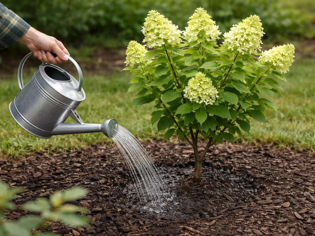 Garden hose watering the base of a young tree, soil near roots visibly moist