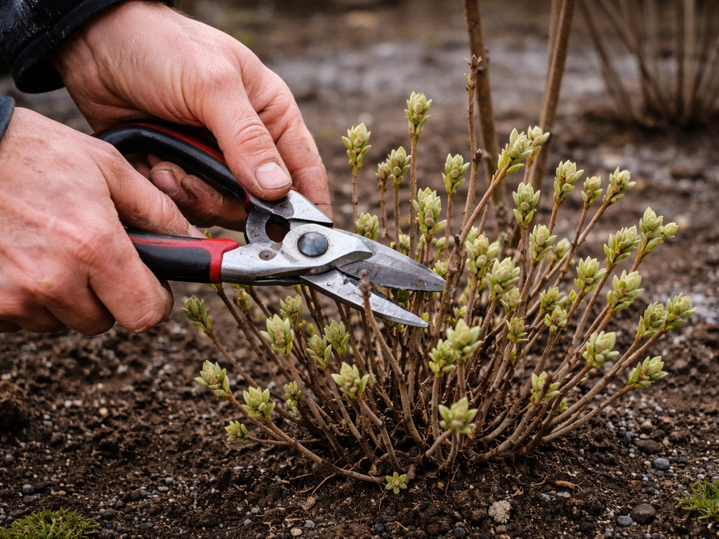 Gardener pruning compact shrub stems in late winter, new buds visible and a tied support stake behind.