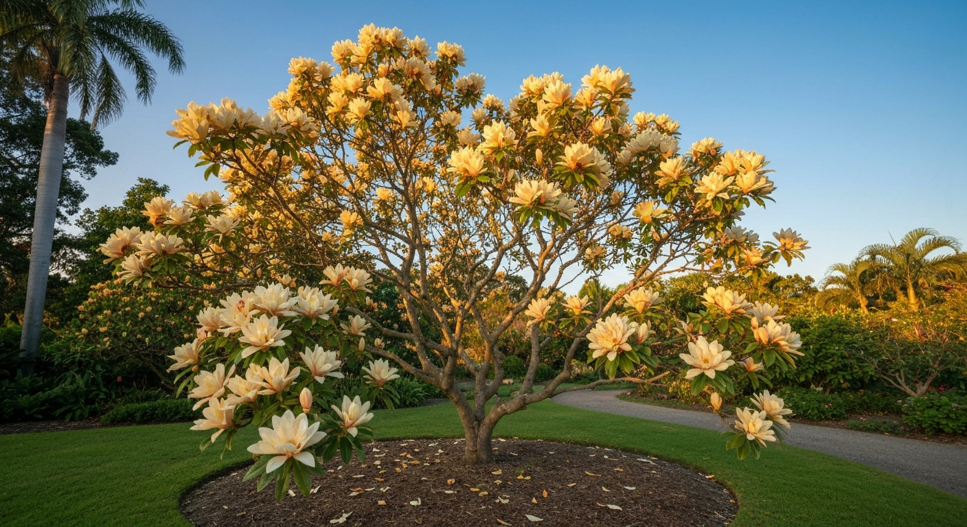 Mature Michelia (Magnolia) champaca tree in full bloom with creamy-yellow flowers and glossy leaves in a sunlit subtropical garden.