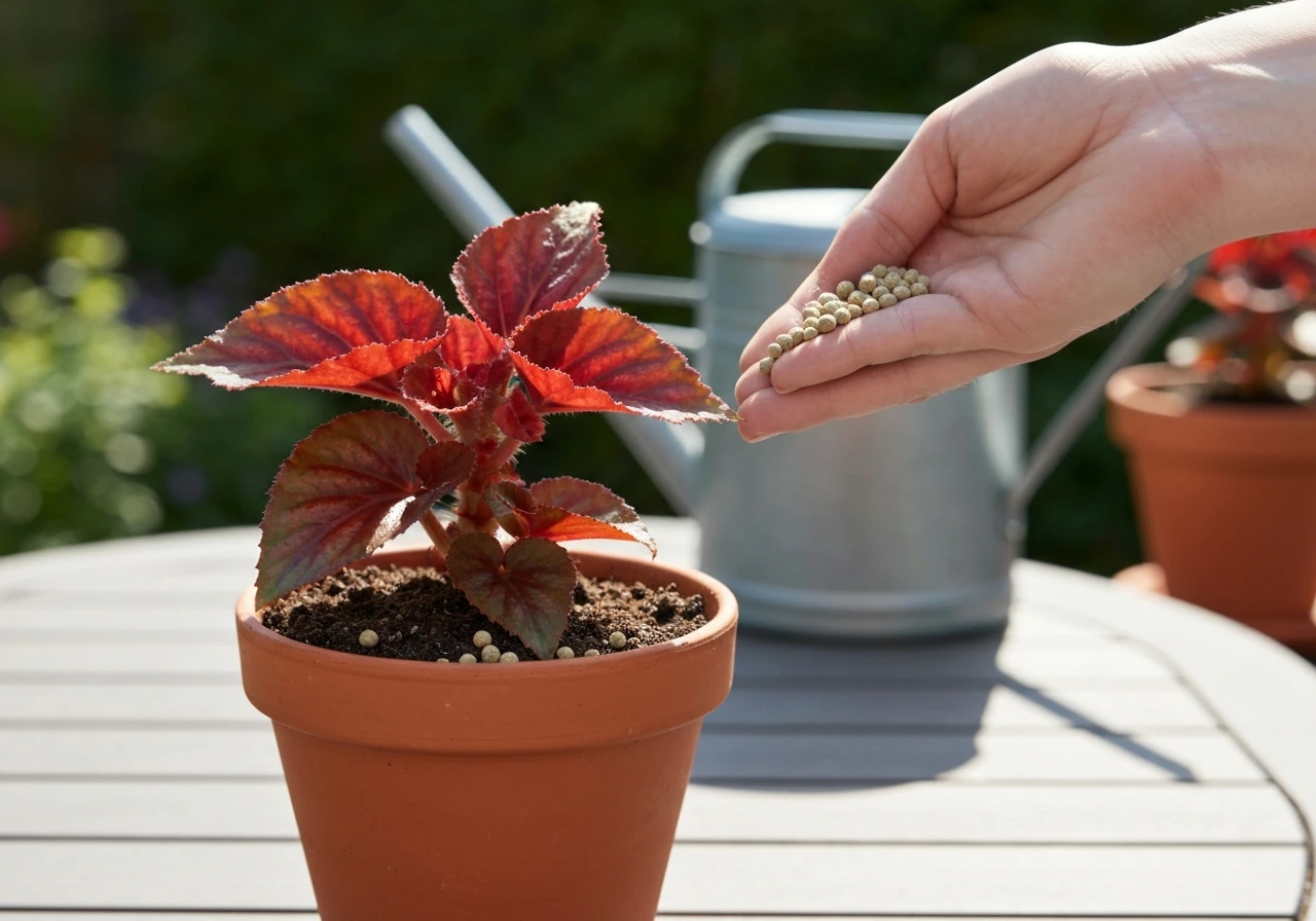Close-up of a potted begonia with granules and a hand nearby, showing safe fertilizer application.