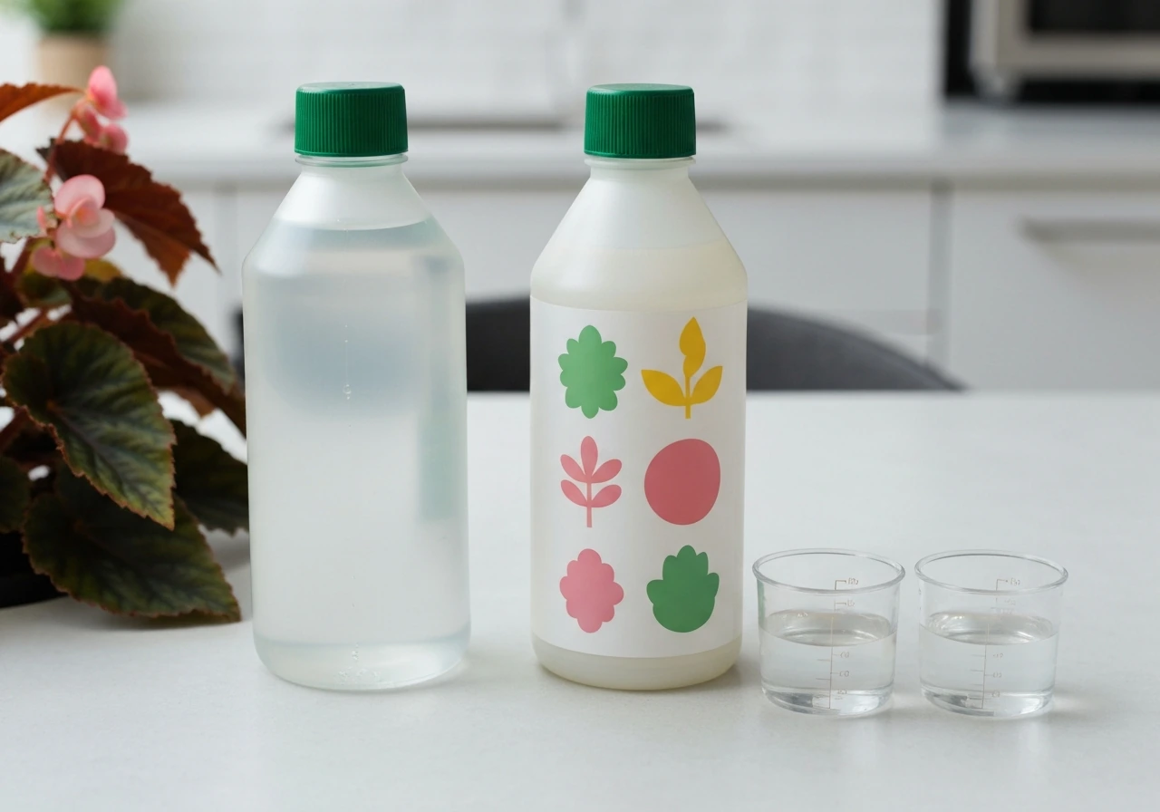 Two plant-feeding bottles and two water cups on a table, with blurred begonia leaves in the background.