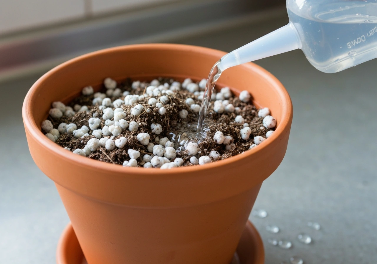 Terracotta pot with airy perlite-and-peat soil being watered until water drains into a saucer.