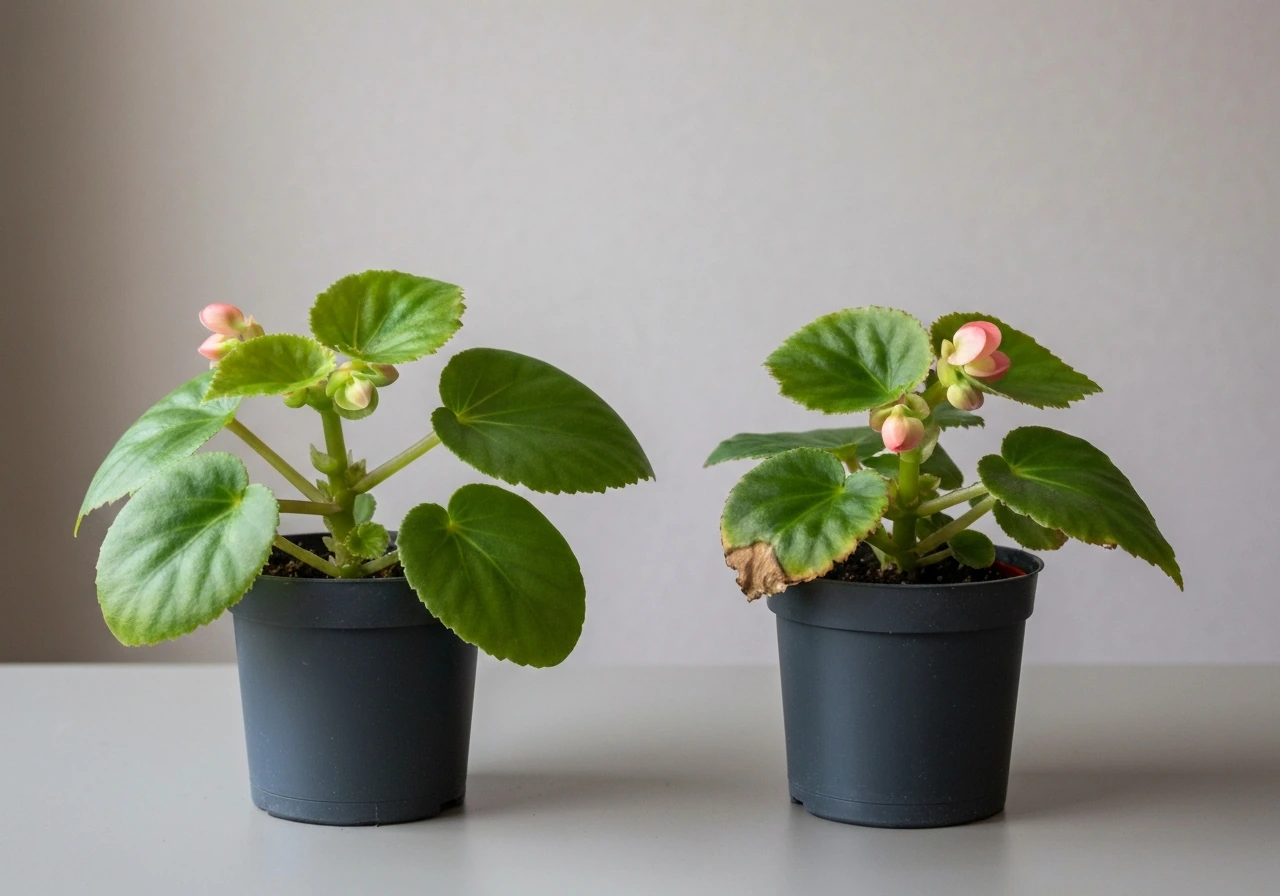 Side-by-side begonia: healthy plant with new leaves and buds, and nearby plant with leaf-tip browning burn.
