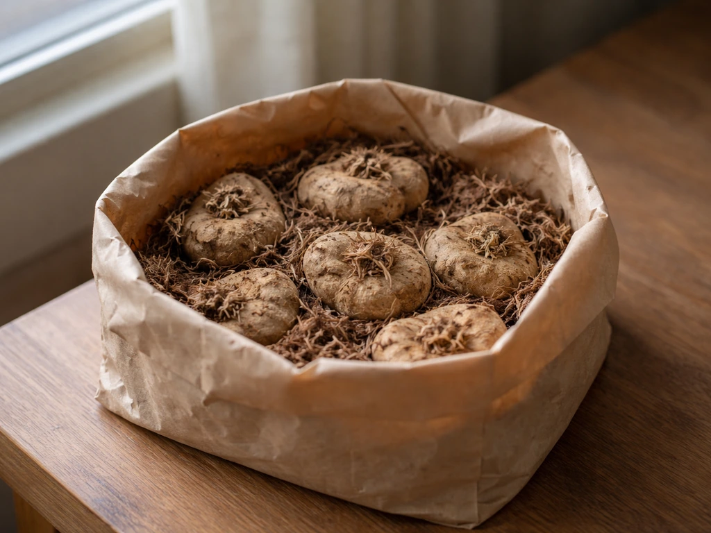 Dormant tuberous begonia tubers in a breathable container with dry medium on a wooden table.