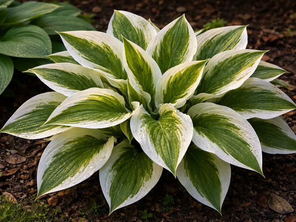 Close-up of White Feather hosta leaves showing cream feathered edges beside green hosta foliage