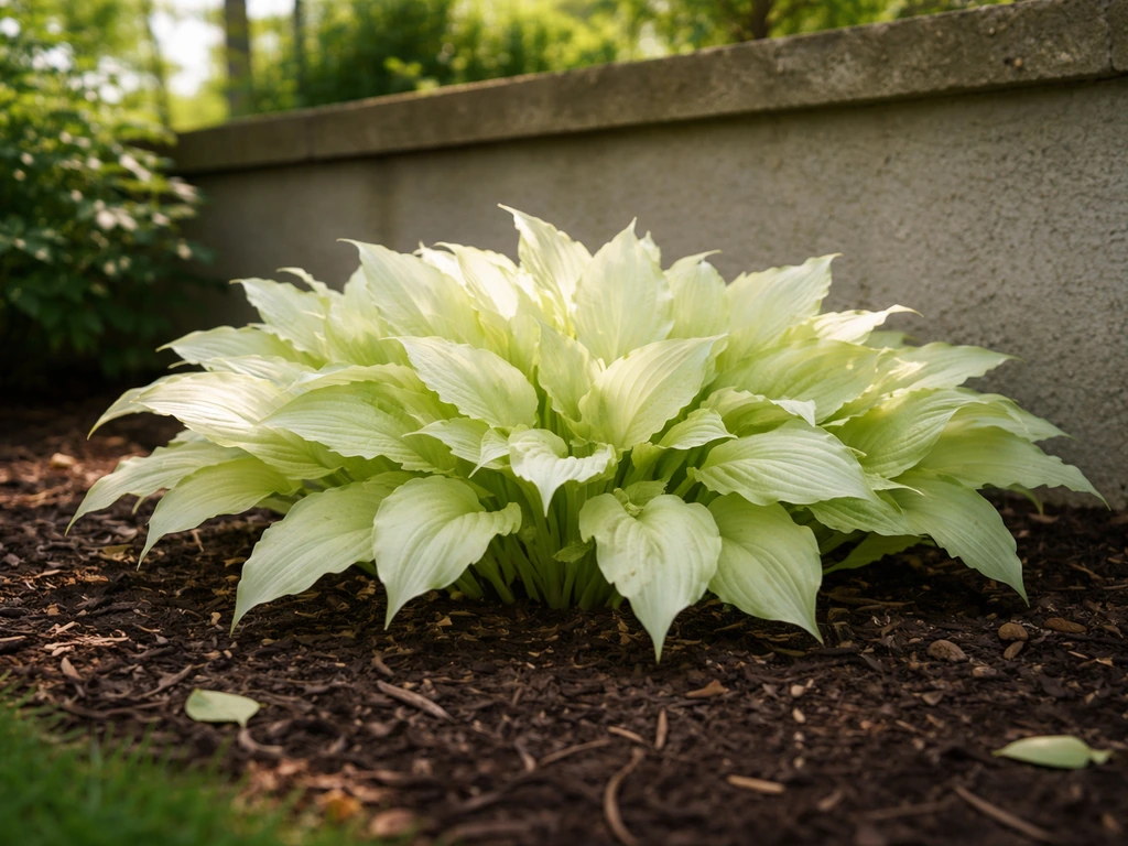 White Feather hosta-style plant in a small bed under trees with morning sun and afternoon shade.
