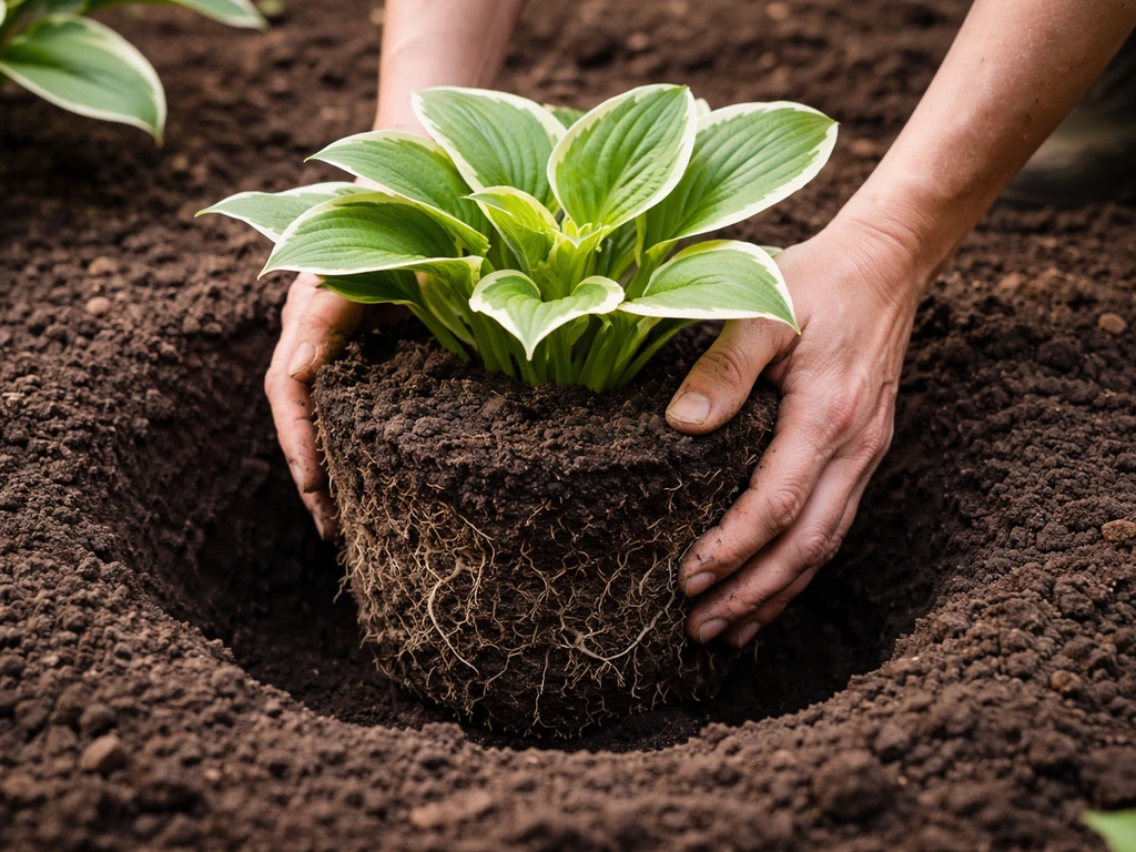 Hands place a container-grown hosta root ball into a hole, crown level with the soil line.