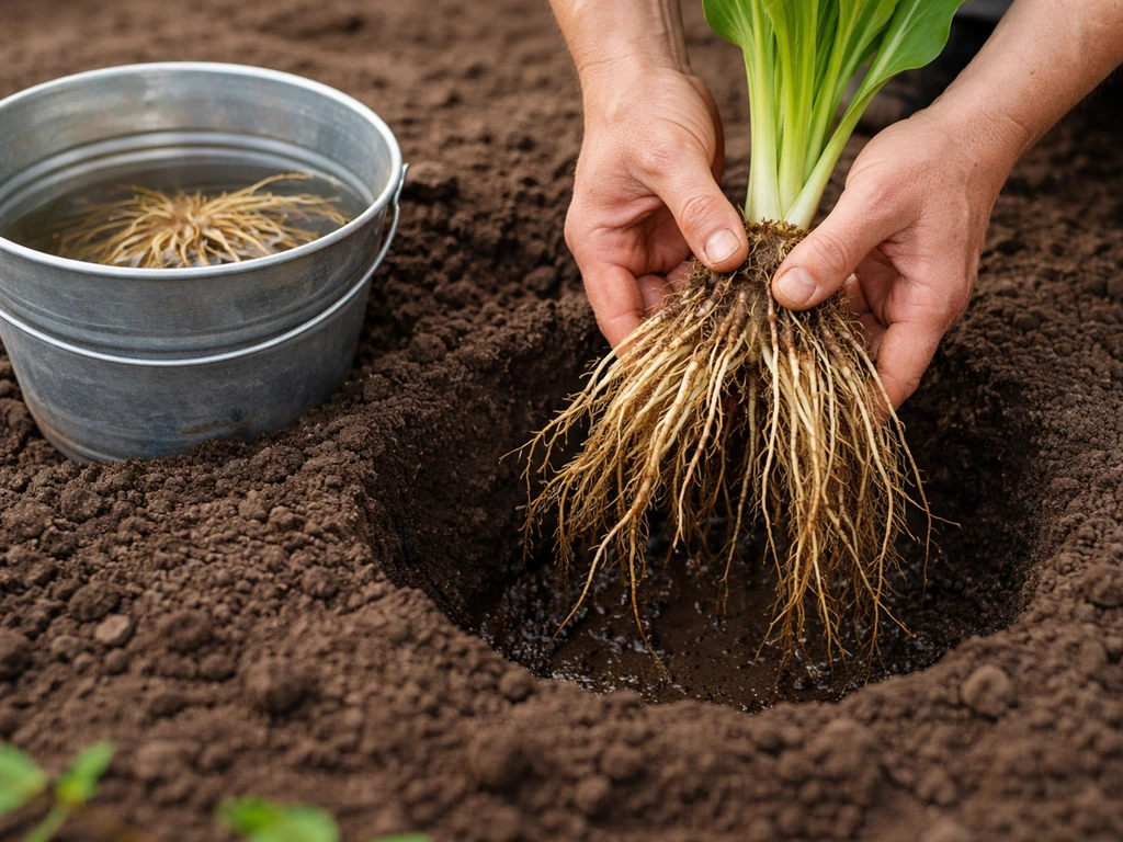 Bare-root hosta roots soaking in water, then being placed into a garden planting hole.