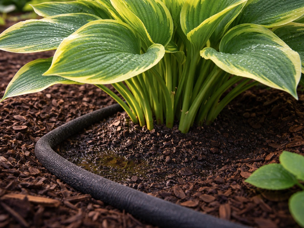 Close-up of a hosta at the base with a soaker hose and visibly damp soil around the crown