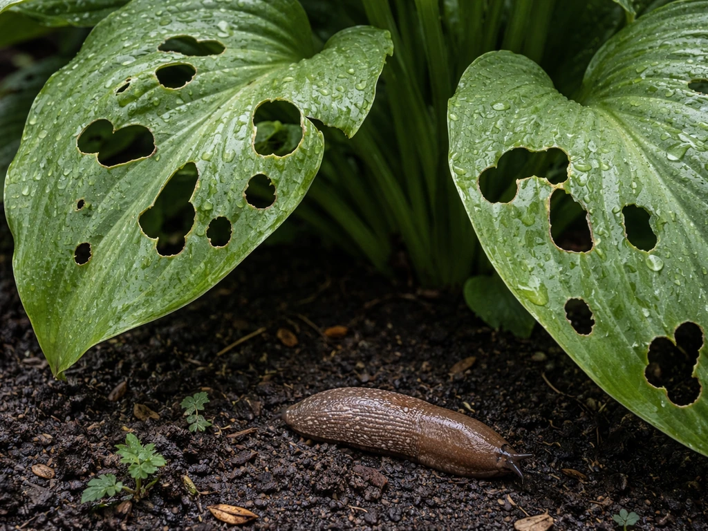 Close-up hosta leaves with irregular slug holes and a slug on nearby soil.