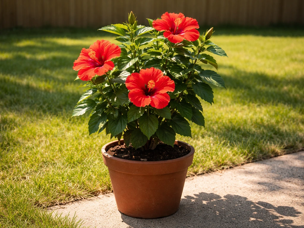 Potted hibiscus in strong direct sunlight with clear bright sunlit area around the plant.