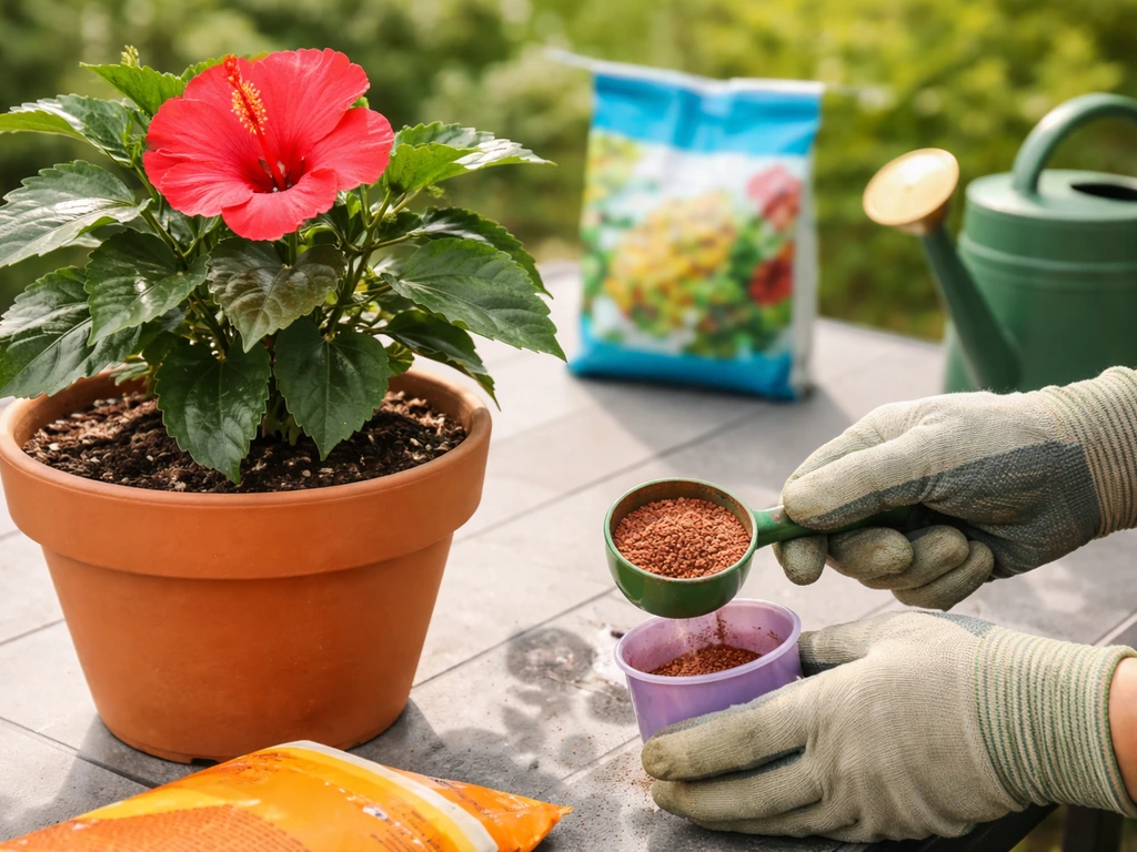 Gardener measures a flowering (lower-nitrogen) fertilizer granule for a hibiscus in a terracotta pot.