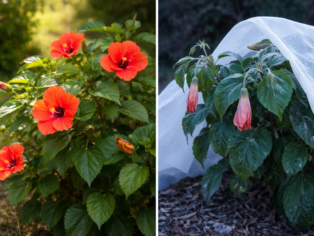 Warm hibiscus with open flowers beside a cooler-stressed hibiscus with closed blooms under chilly conditions.