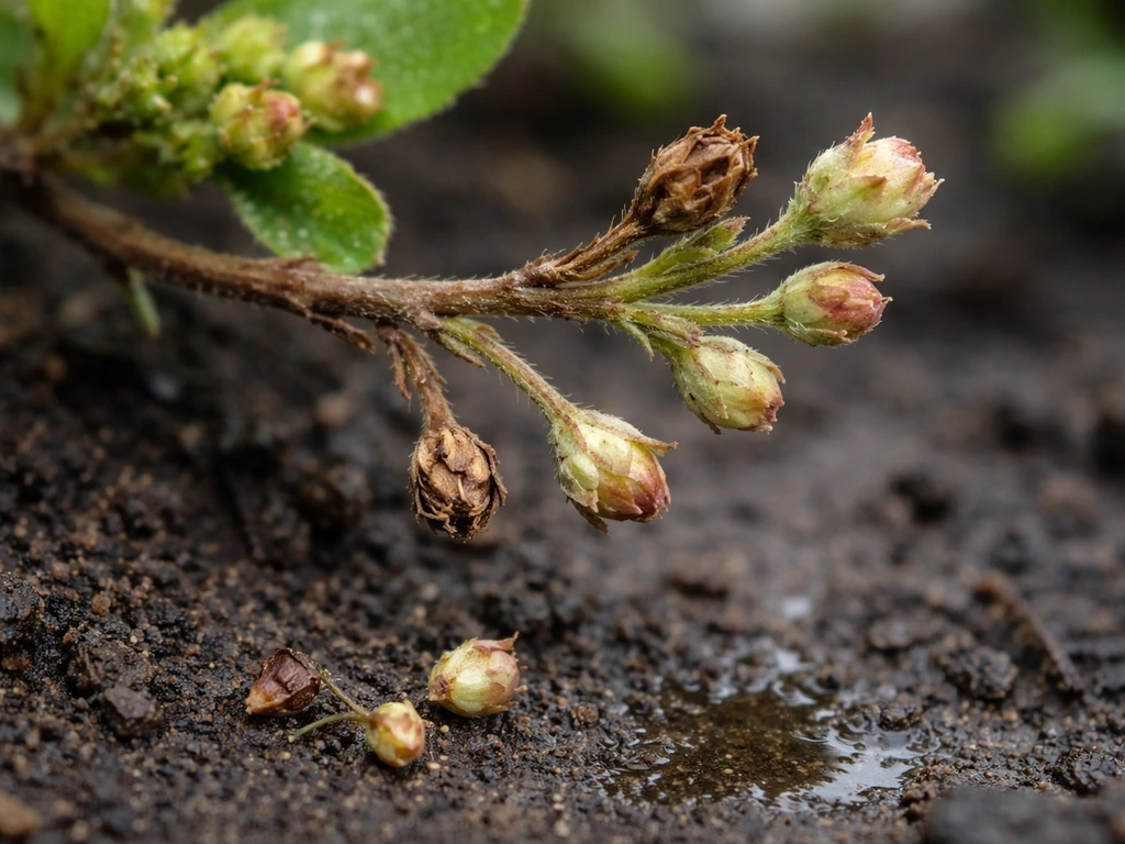 Young plant buds discolor and fall onto damp soil below a small branch.