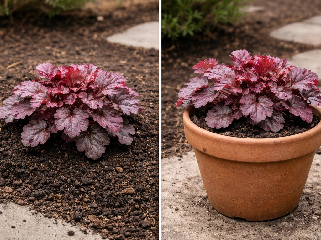 Side-by-side heuchera plants: one in-ground bed, one in a draining pot with potting mix.