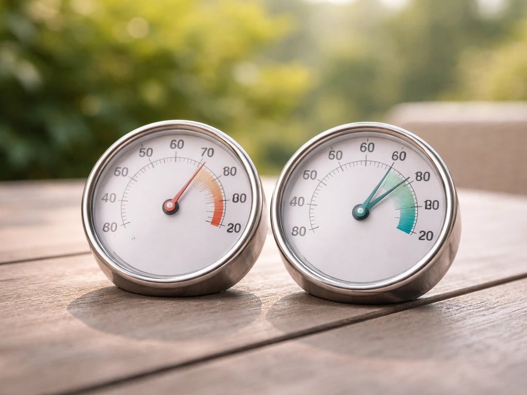Close-up of a thermometer and hygrometer on a patio table showing warm, humid conditions.