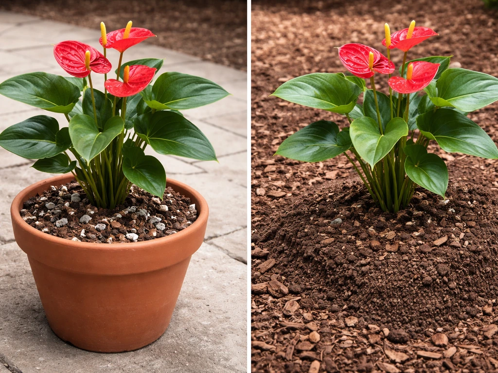 Side-by-side container and in-ground anthuriums showing different soil and drainage setup.