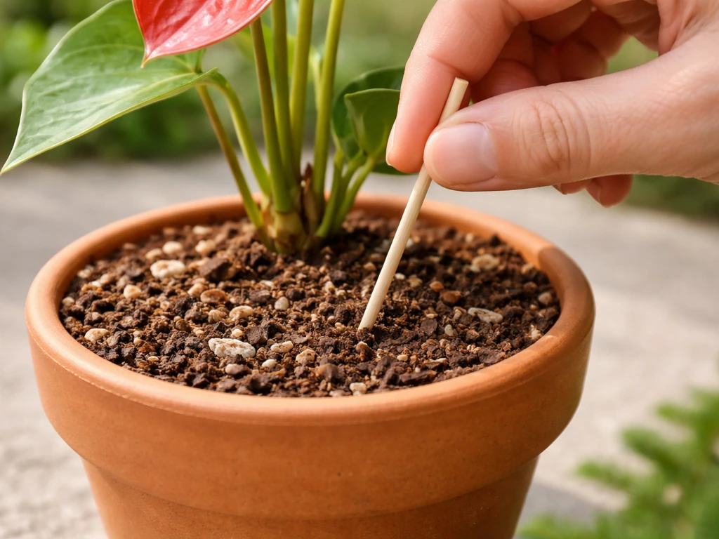 Finger checking moisture by inserting a skewer into partially dried potting mix on an outdoor potted anthurium.