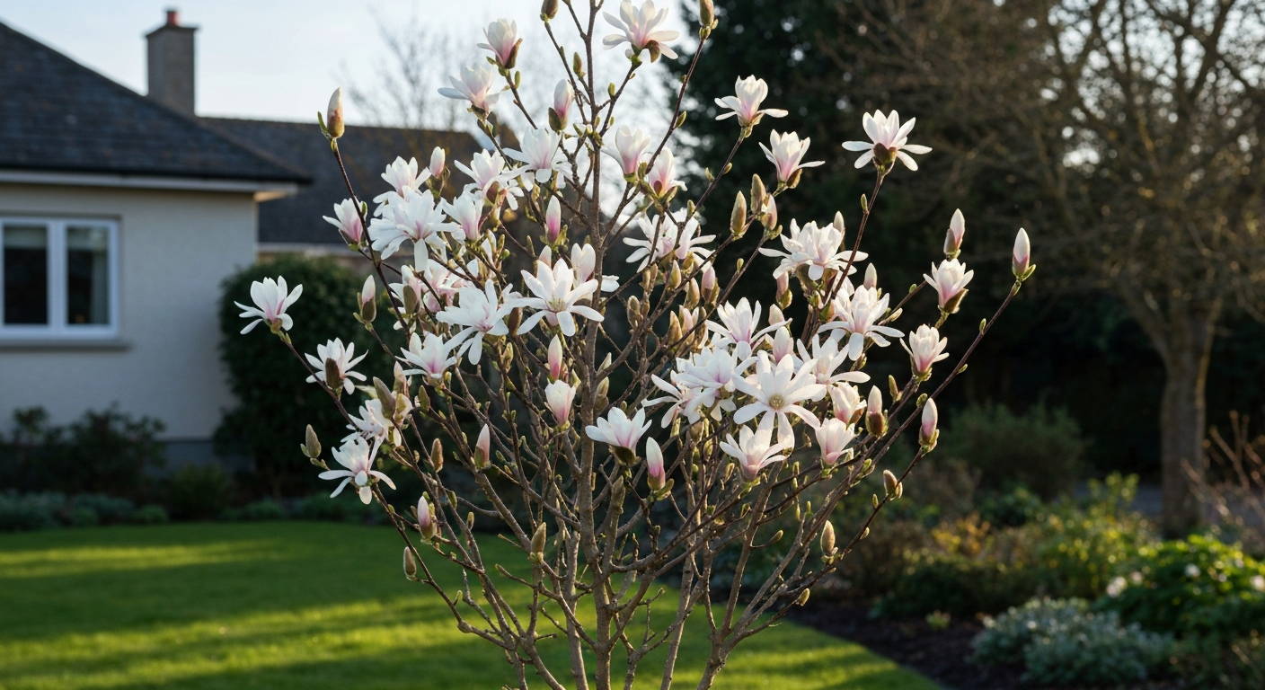 Star magnolia (Magnolia stellata) in full bloom with white star-shaped flowers on bare branches in early spring.