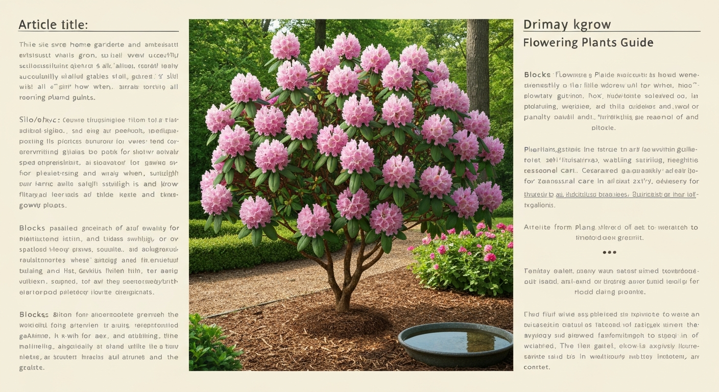 Healthy rhododendron shrub in bloom with mulch and dappled woodland background
