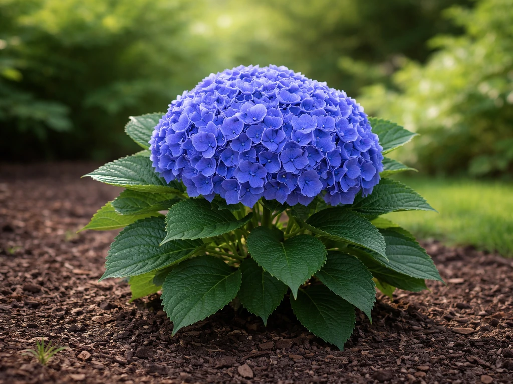 Healthy Nikko Blue hydrangea with deep blue mophead blooms in a simple garden bed.