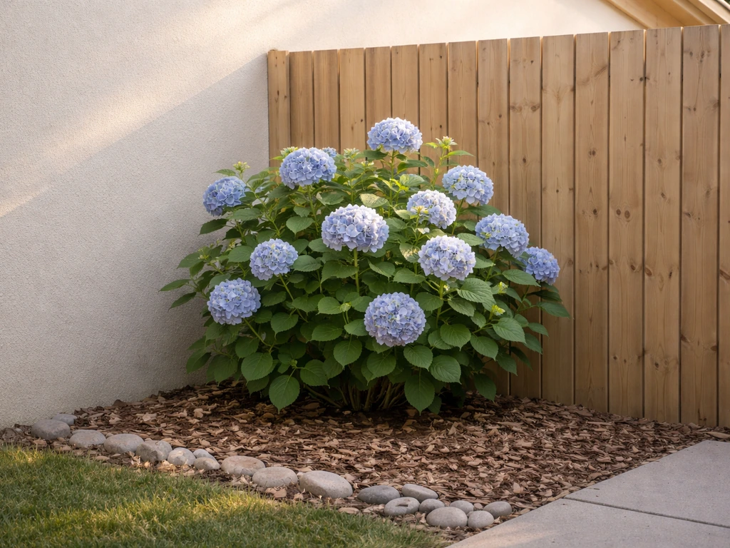 Small hydrangea-like plant near a fence getting morning sun and afternoon shade