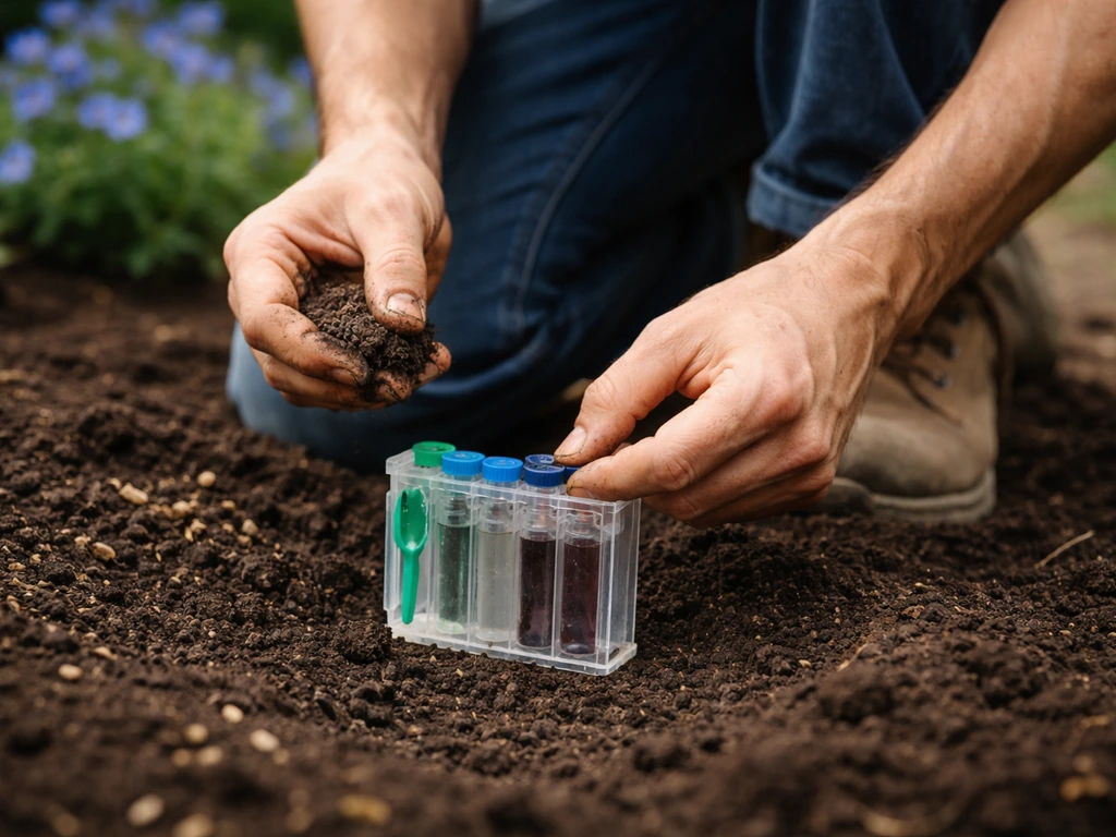Gardener kneeling with a soil test kit and dark soil, with blue flowers softly blurred behind