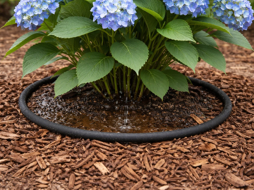 Soaker hose watering a blue shrub at its base with organic mulch spread around the roots.