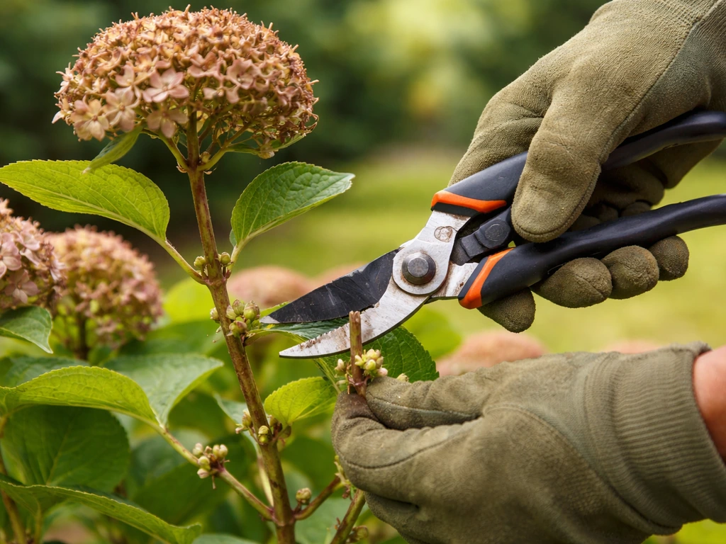 Close-up of hands pruning hydrangea stems right after flowering, with visible buds on old wood.