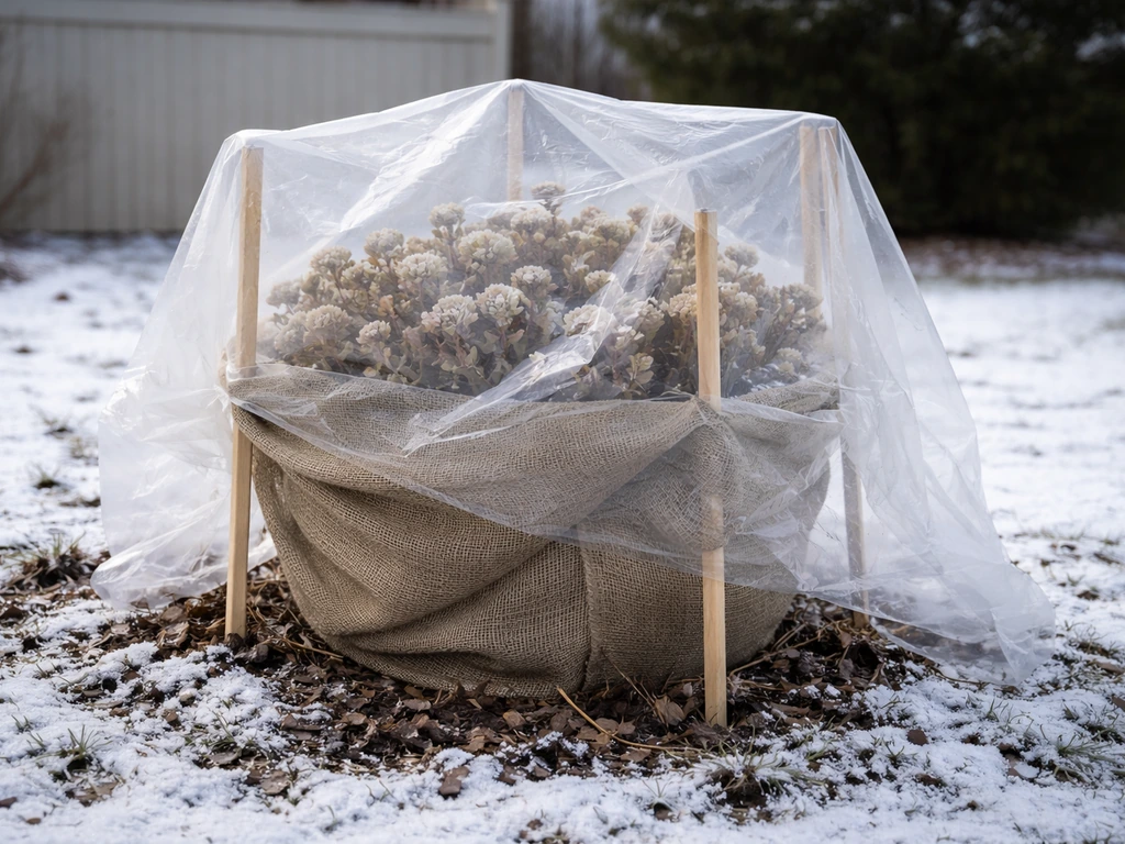 Hydrangea buds covered with burlap and a tarp in a snowy winter garden for freeze protection.