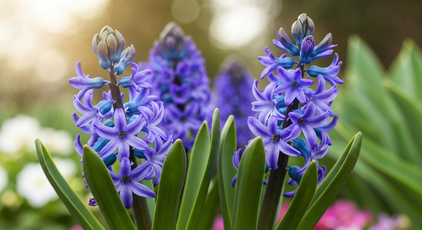 Close-up of deep blue hyacinth flower spikes in a sunlit spring garden.