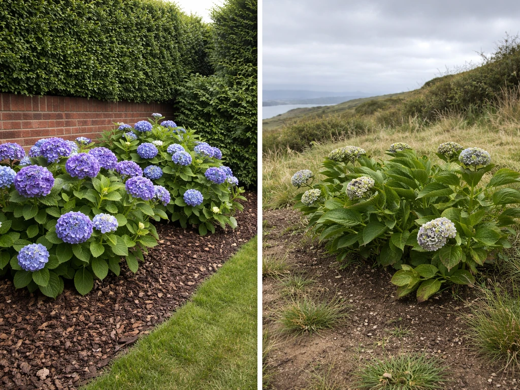 Lush hydrangeas in a sheltered bed beside wind-exposed hydrangeas with struggling buds on a slope