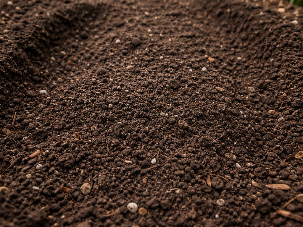 Close-up of enriched, crumbly dark soil with organic matter prepared for planting hydrangeas