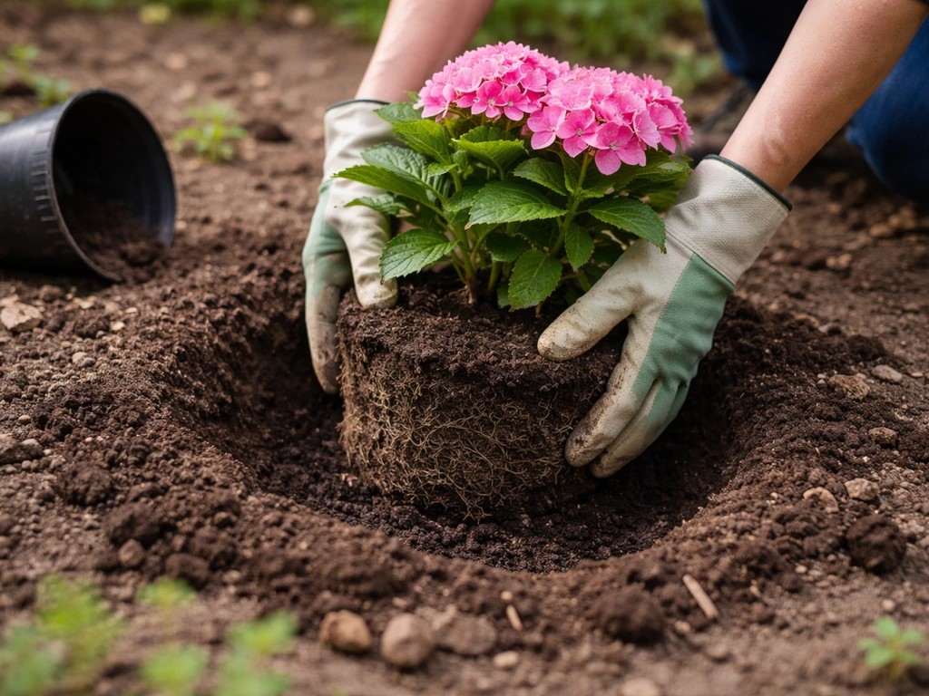 Gloved hands setting a container-grown hydrangea into a wider hole, backfilling soil to correct depth.