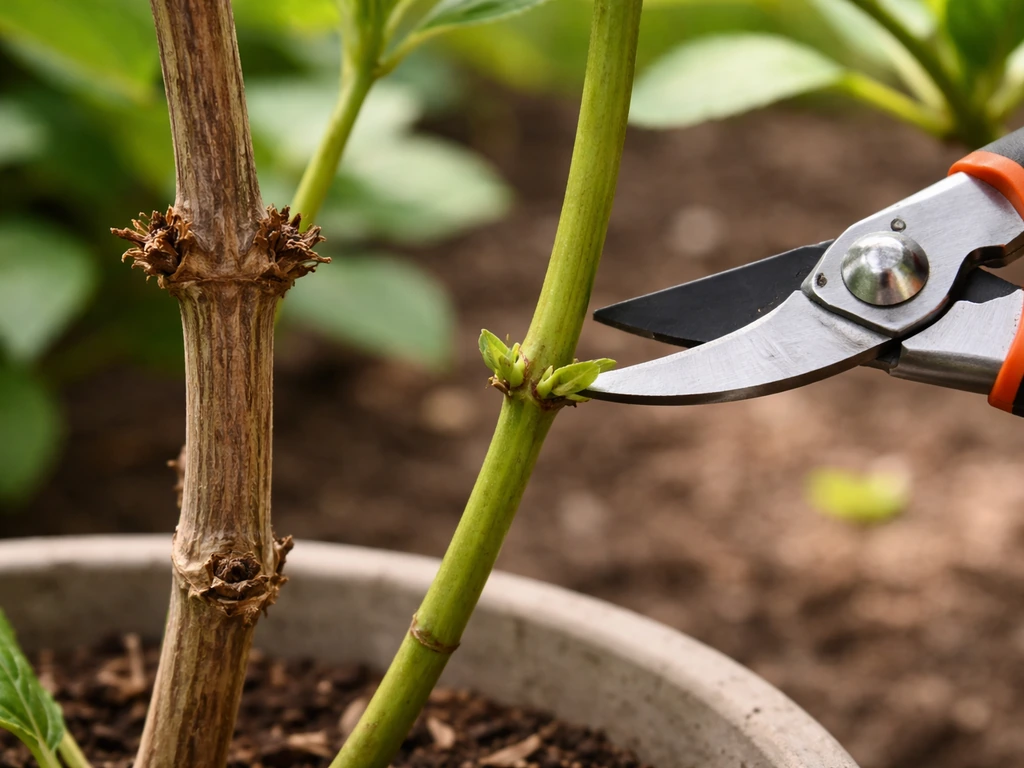 Close-up of hydrangea stems showing old versus new growth with pruning shears ready to cut above a bud.