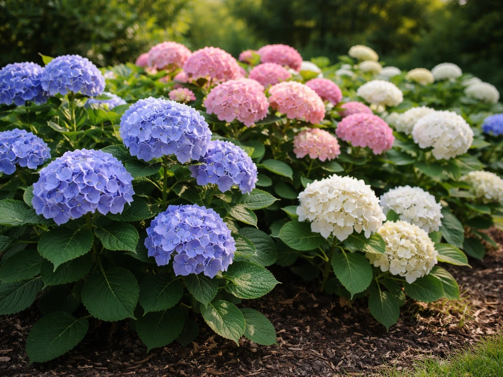 Lush hydrangea bed with multiple blooming heads in soft pastel colors