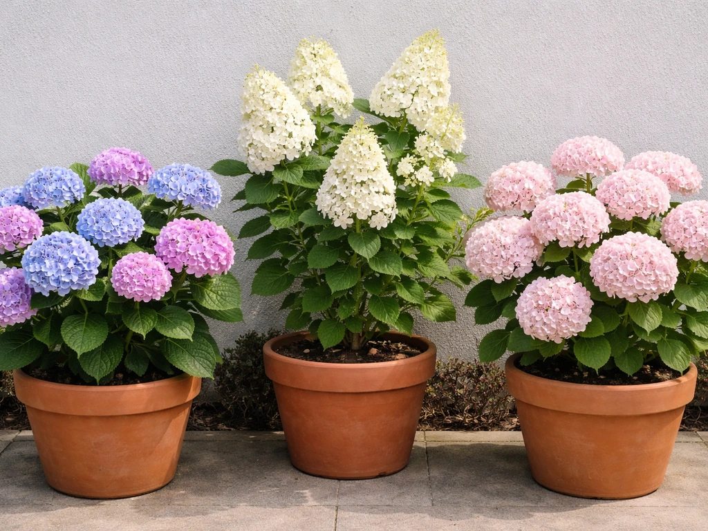 Three potted hydrangea shrubs with different bloom colors and shapes on a patio, natural light.