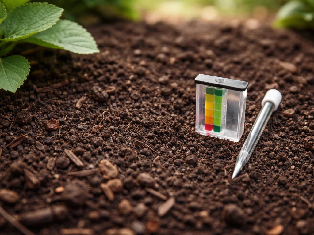 Close-up of hydrangea garden soil with compost mulch and a pH testing kit resting nearby.