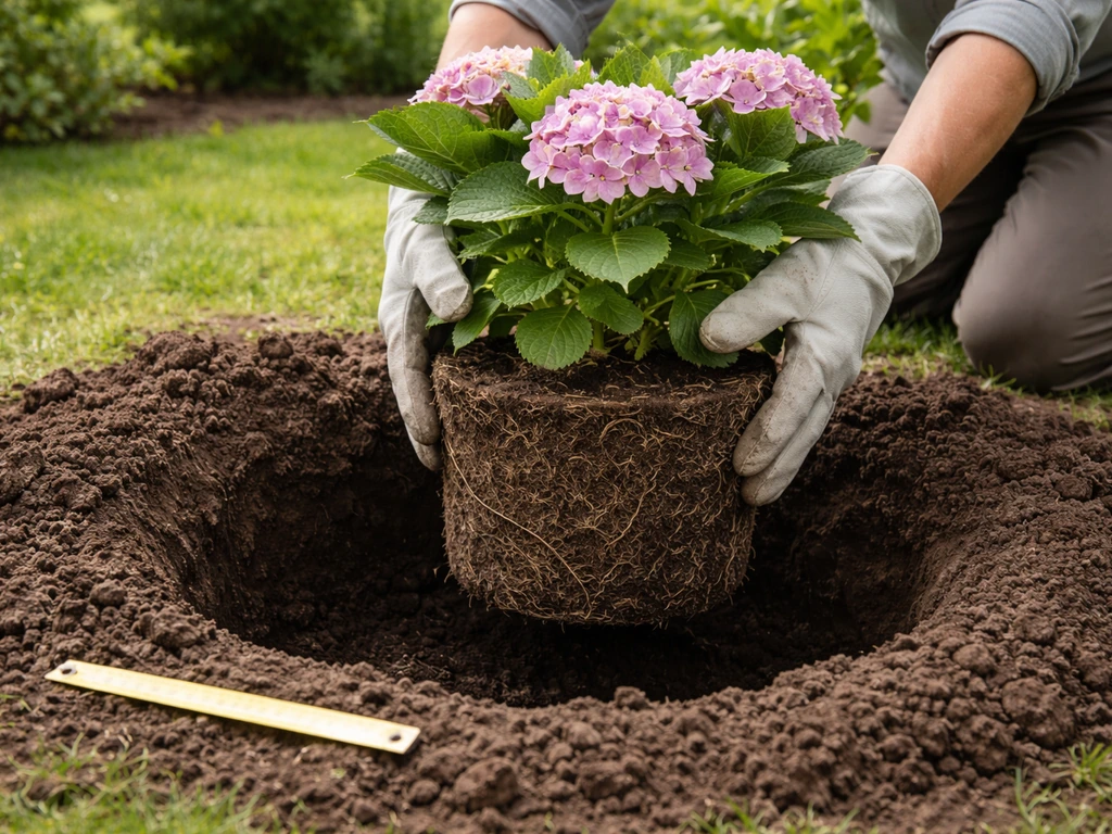 Hands placing a hydrangea root ball into a wide garden hole at correct planting depth