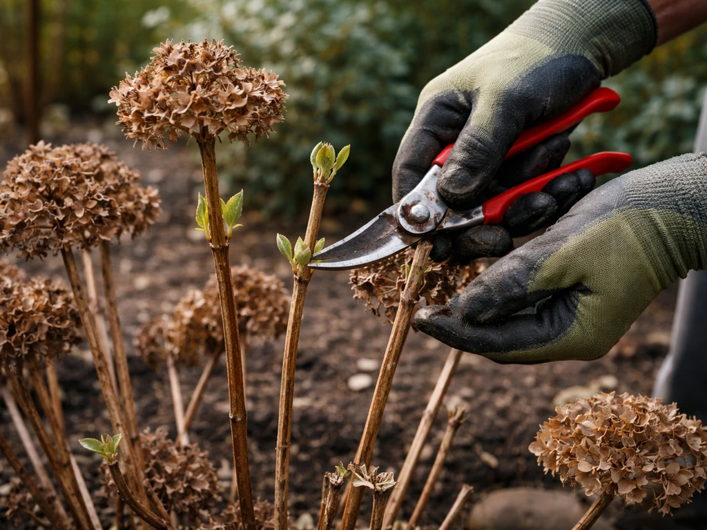 Gardener pruning old wood hydrangea stems with last season blooms and new growth buds visible