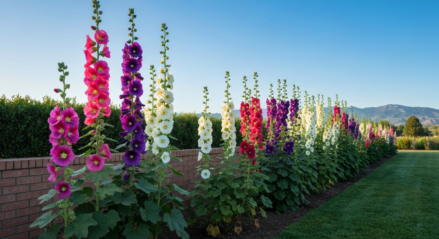 Tall colorful hollyhocks blooming against a south-facing brick wall in a Colorado garden with foothills in the distance.