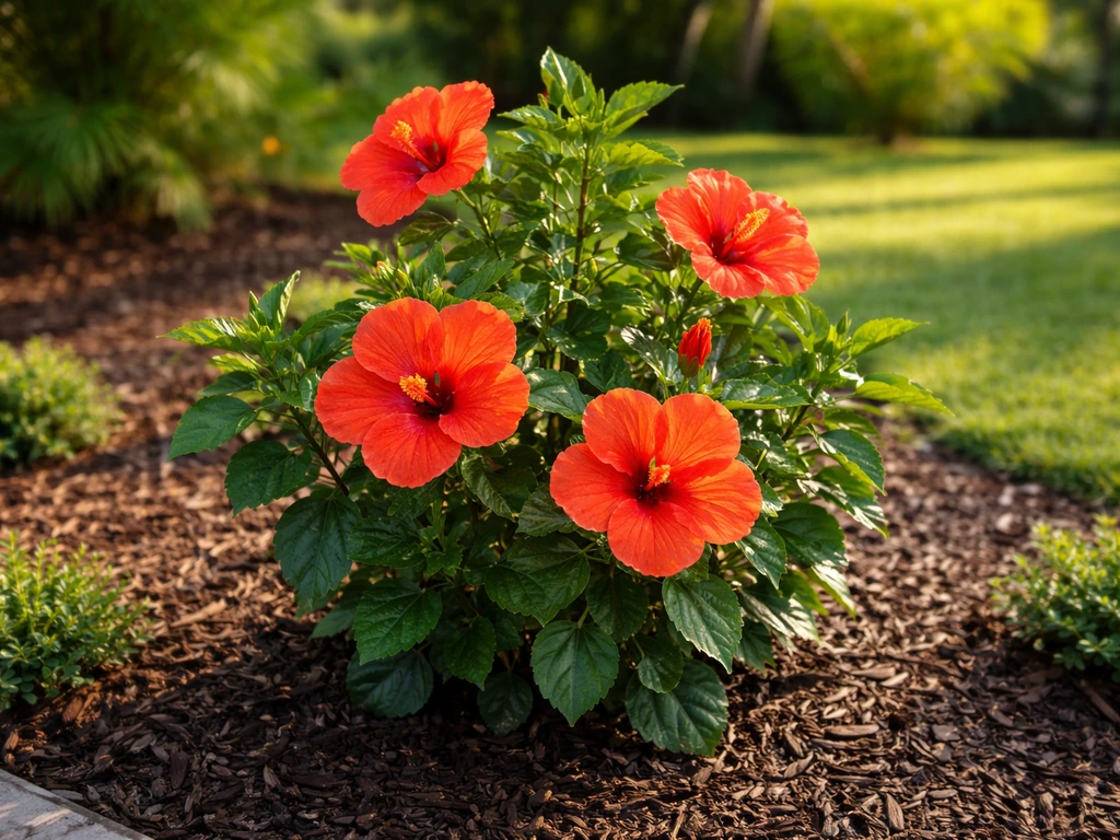 Bright red hibiscus blooms on a lush bush in a sunny Florida garden