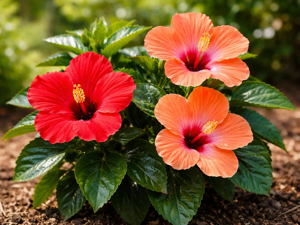 Close-up of vibrant tropical hibiscus blooms with glossy leaves in a bright Florida garden