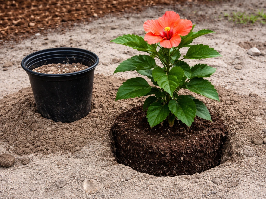 Tropical hibiscus planted at the nursery container depth in sandy Florida soil, pot beside it.